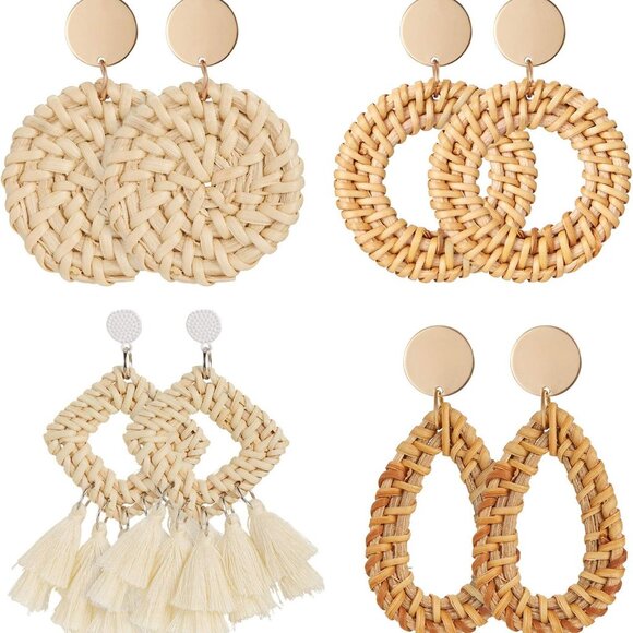 Jewelry - Rattan Earrings Set 4 Pairs Boho Straw Wicker Dangle Drop Jewelry for Women